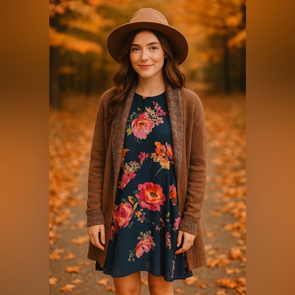 Everly Anthropologie Halter Dress M Navy Floral Fall Layering Boho Wedding Guest - Picture 2 of 10